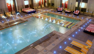 Outdoor Pool Area At Dusk.